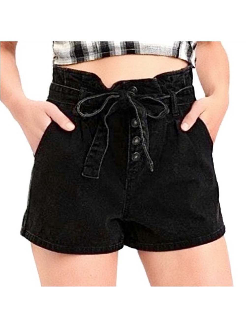 American Eagle Black denim mom paper bag shorts